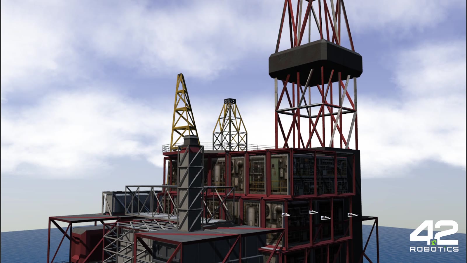 Gêmeo digital da plataforma renderizado: torre, guindaste e heliponto