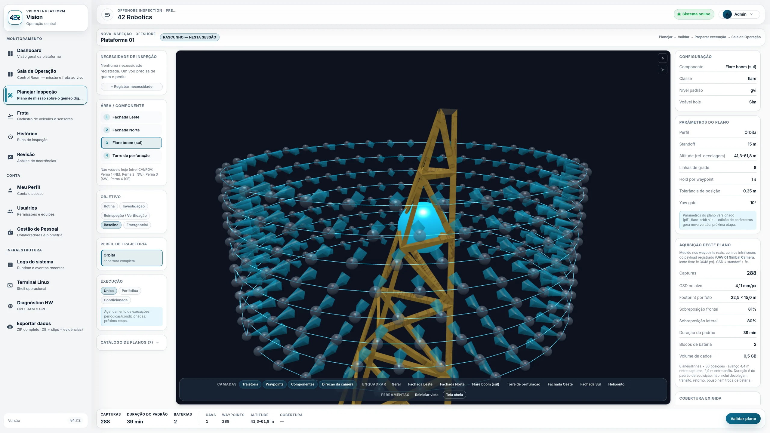 Posições de captura planejadas e direção da câmera sobre a geometria do ativo